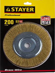 STAYER 200 мм, витая стальная латунированная проволока 0.3 мм, щетка дисковая для УШМ, Professional (35122-200)